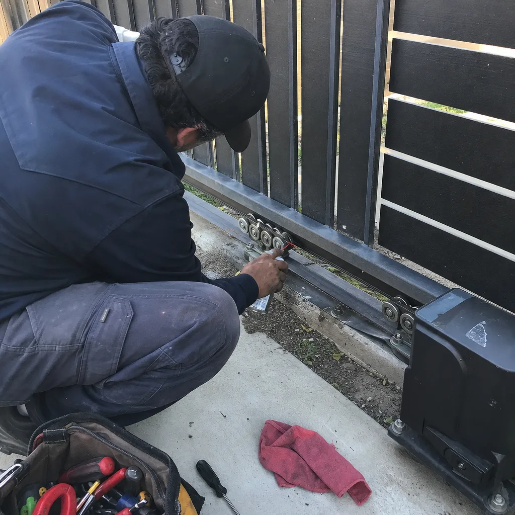 Technician performing maintenance and lubrication on a residential sliding gate mechanism