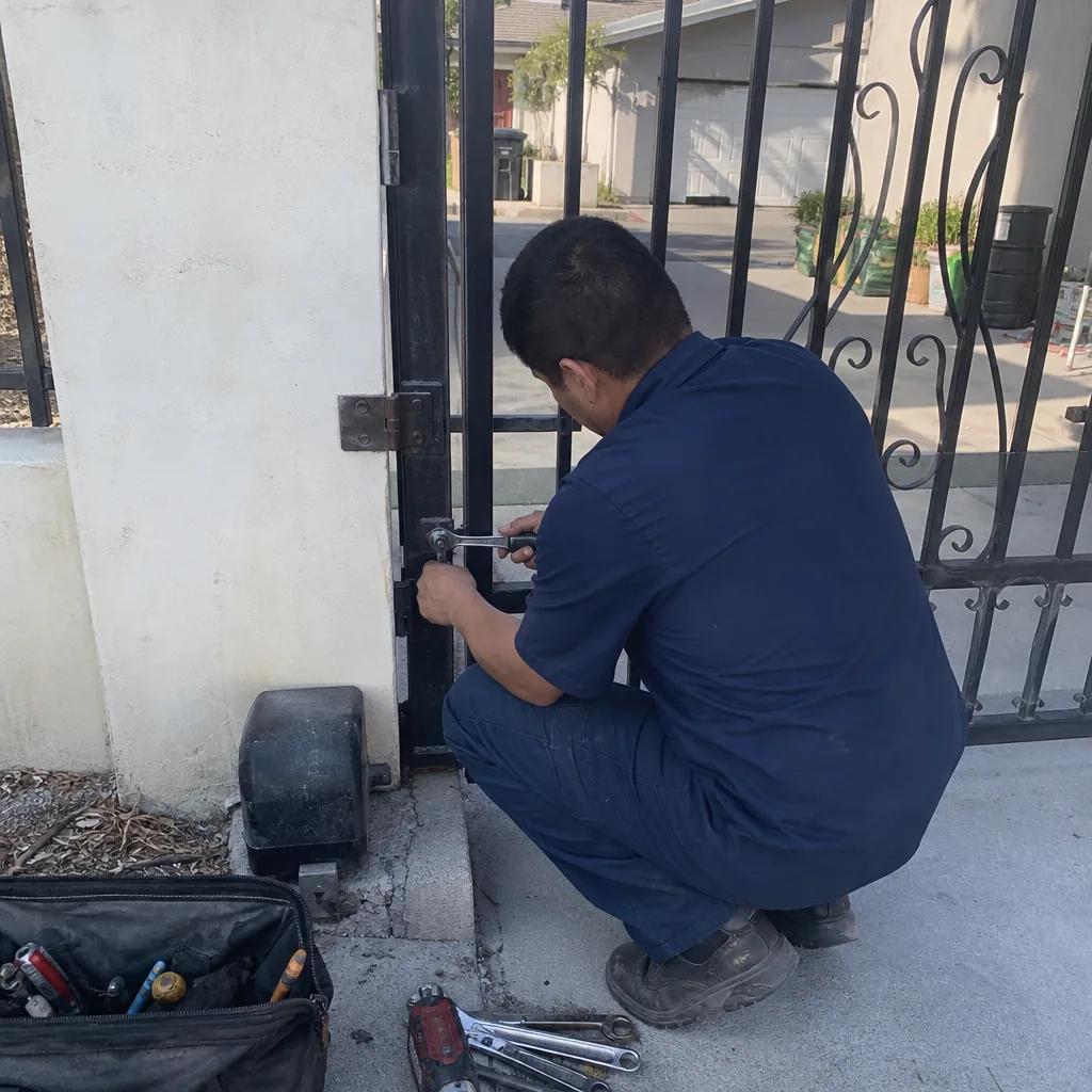 Technician performing professional gate motor repair on a metal gate