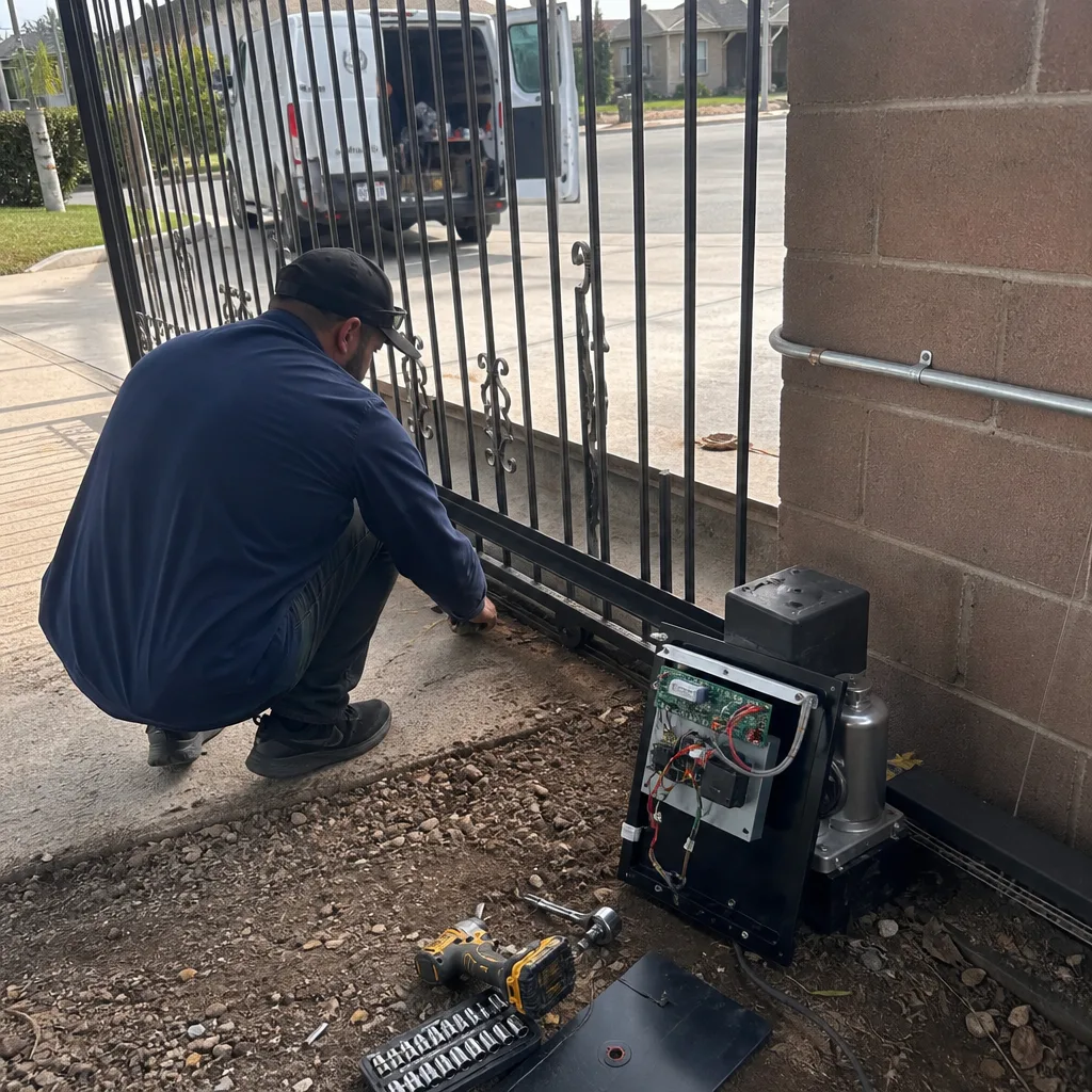 Technician performing professional sliding gate motor repair and maintenance