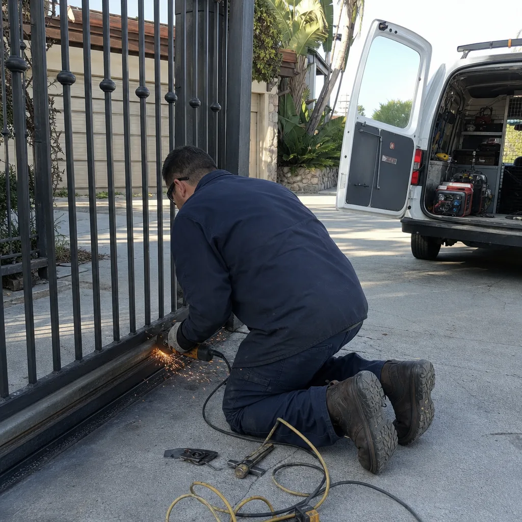 Technician using an angle grinder to repair a metal security gate