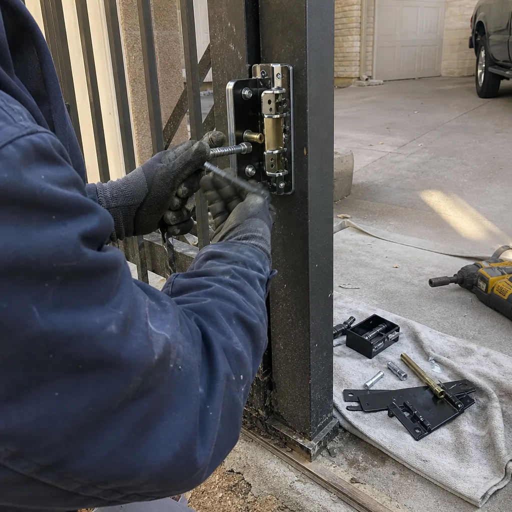 Professional technician repairing a heavy-duty metal gate hinge