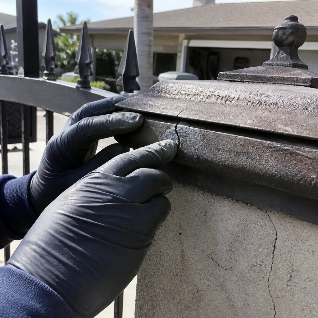 Professional contractor performing a detailed inspection of a cracked iron gate pillar